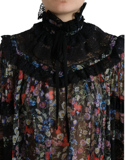 Dolce &amp; Gabbana Black Floral Print Long Sleeves Blouse Top