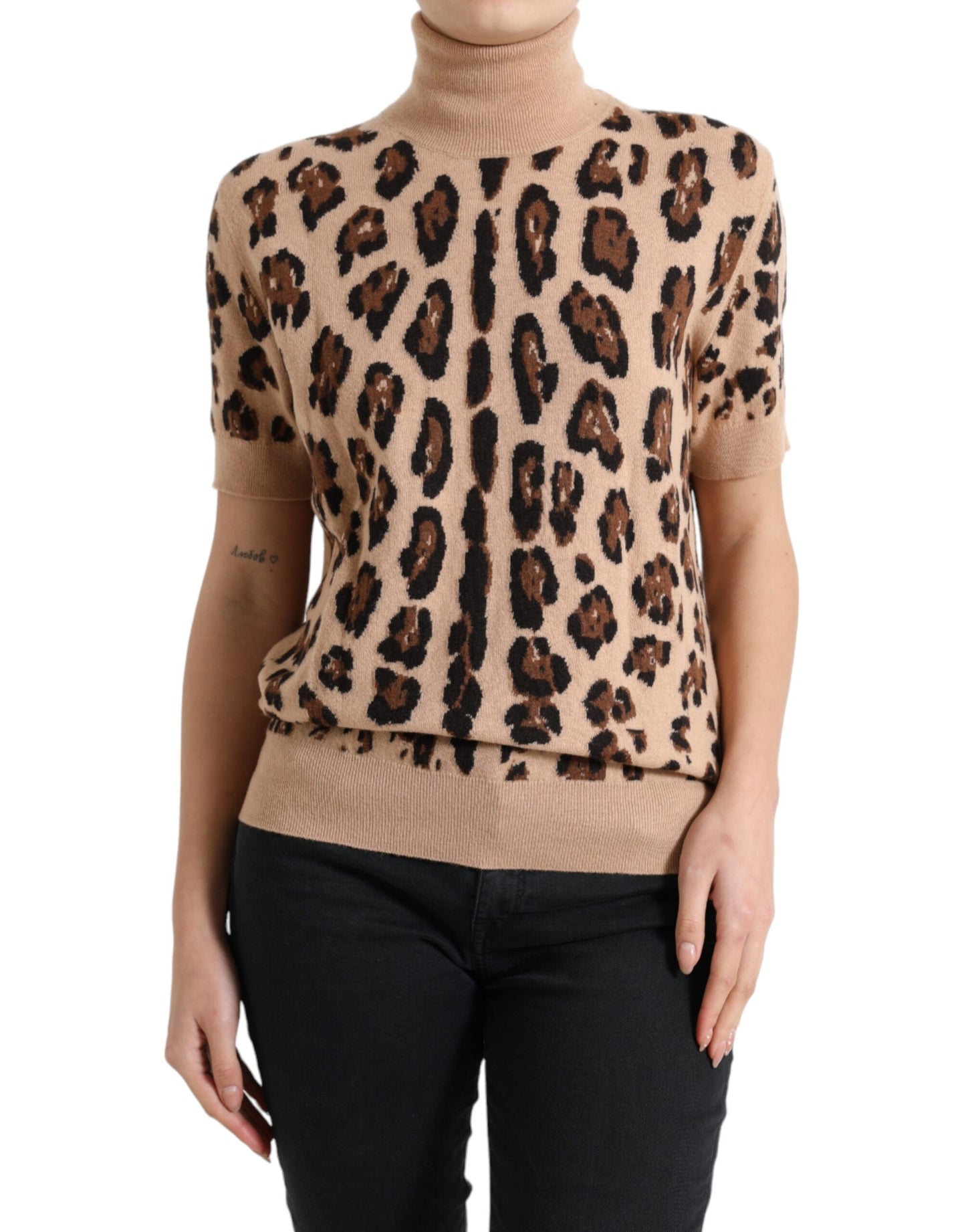 Dolce &amp; Gabbana Beige Leopard Print Wool Turtleneck Top