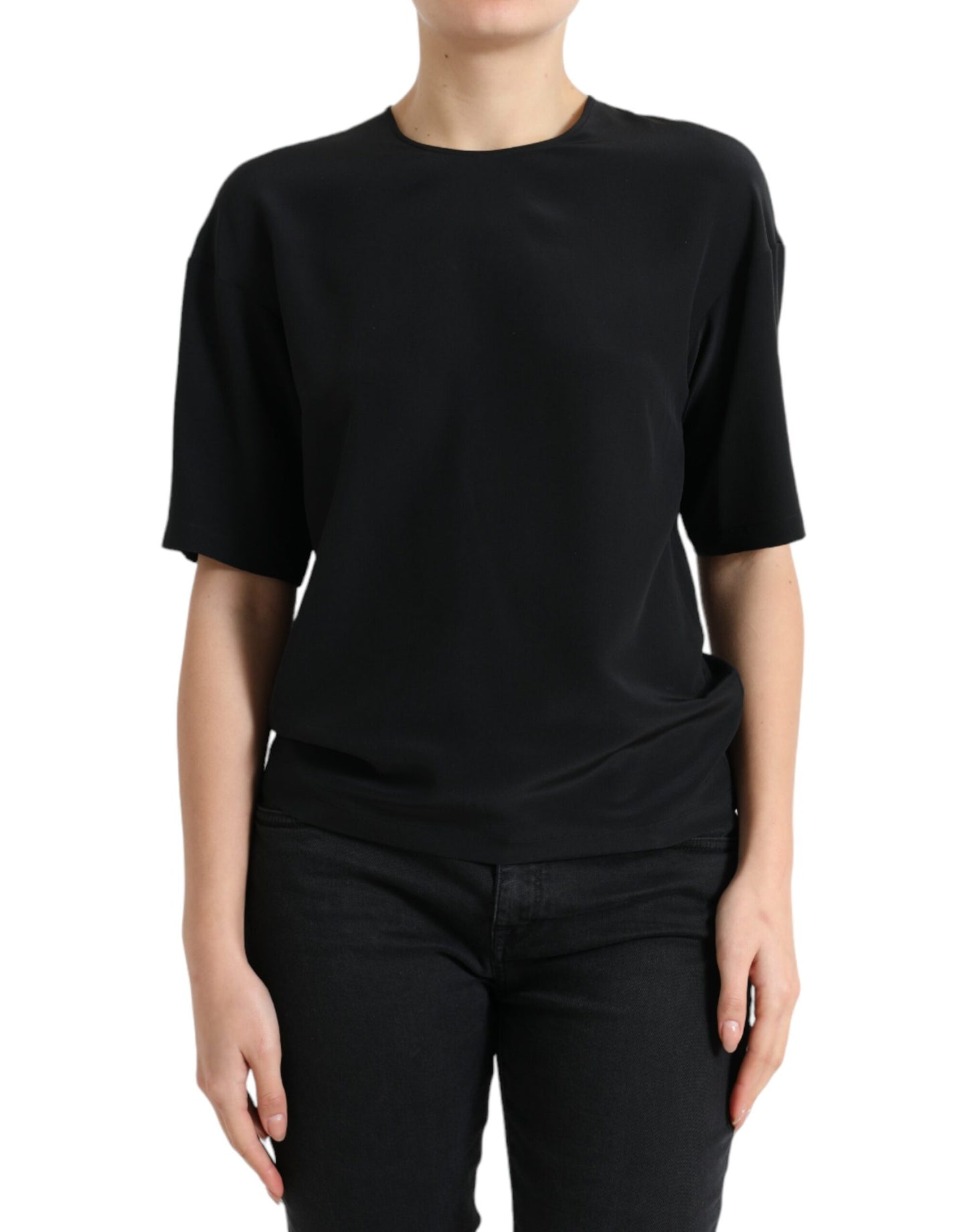 Dolce &amp; Gabbana Black Silk Round Neck Short Sleeve Blouse Top