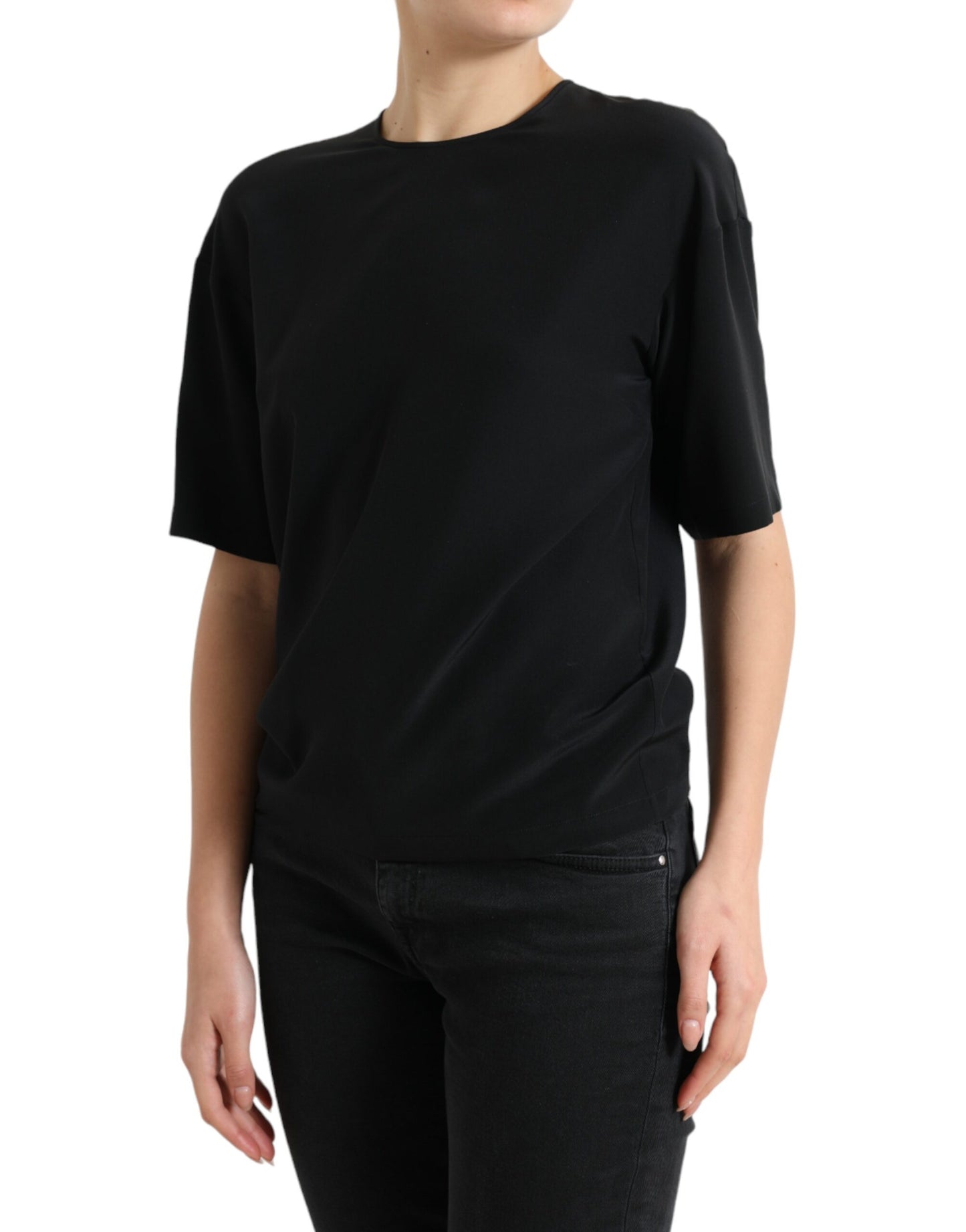 Dolce &amp; Gabbana Black Silk Round Neck Short Sleeve Blouse Top