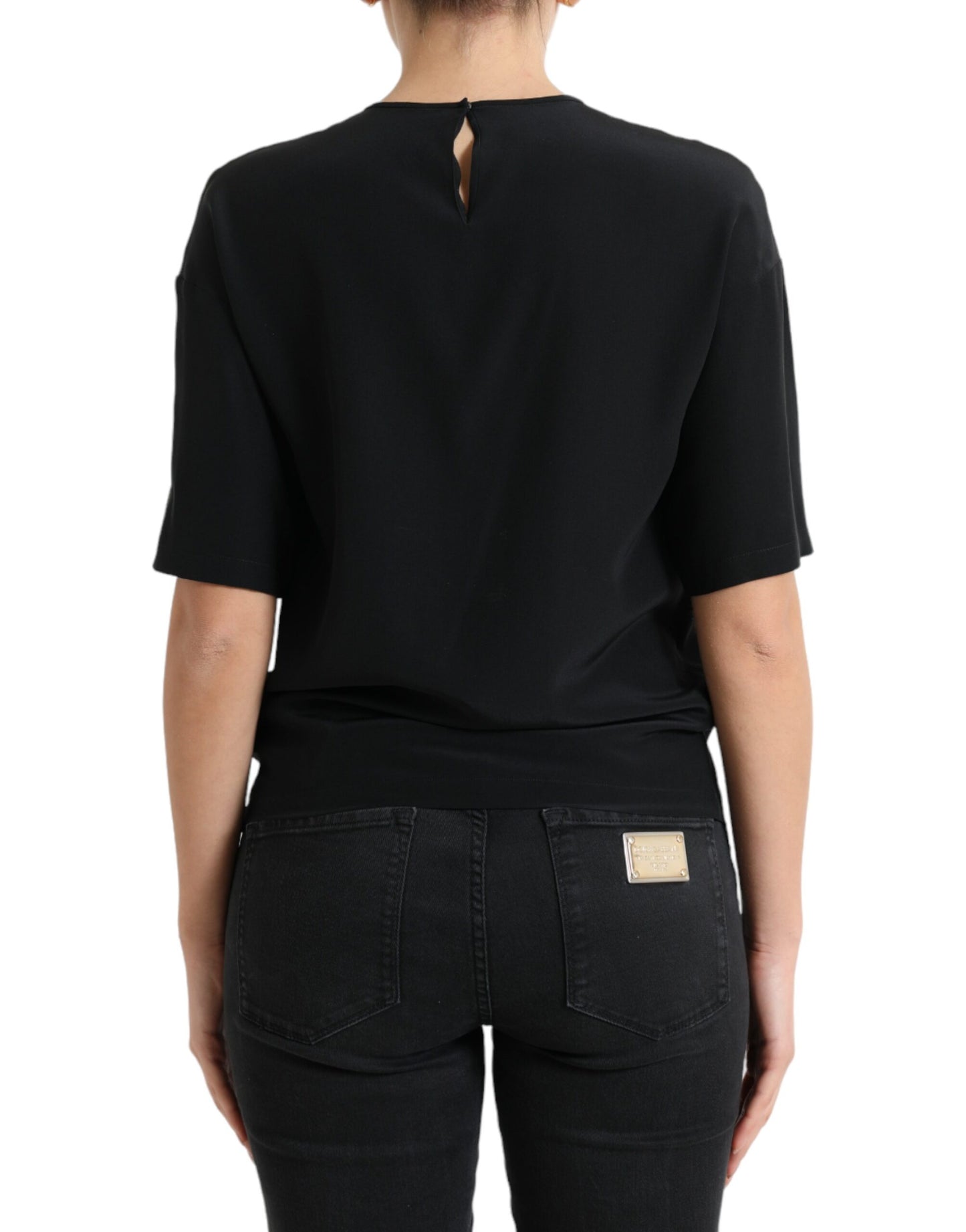 Dolce &amp; Gabbana Black Silk Round Neck Short Sleeve Blouse Top