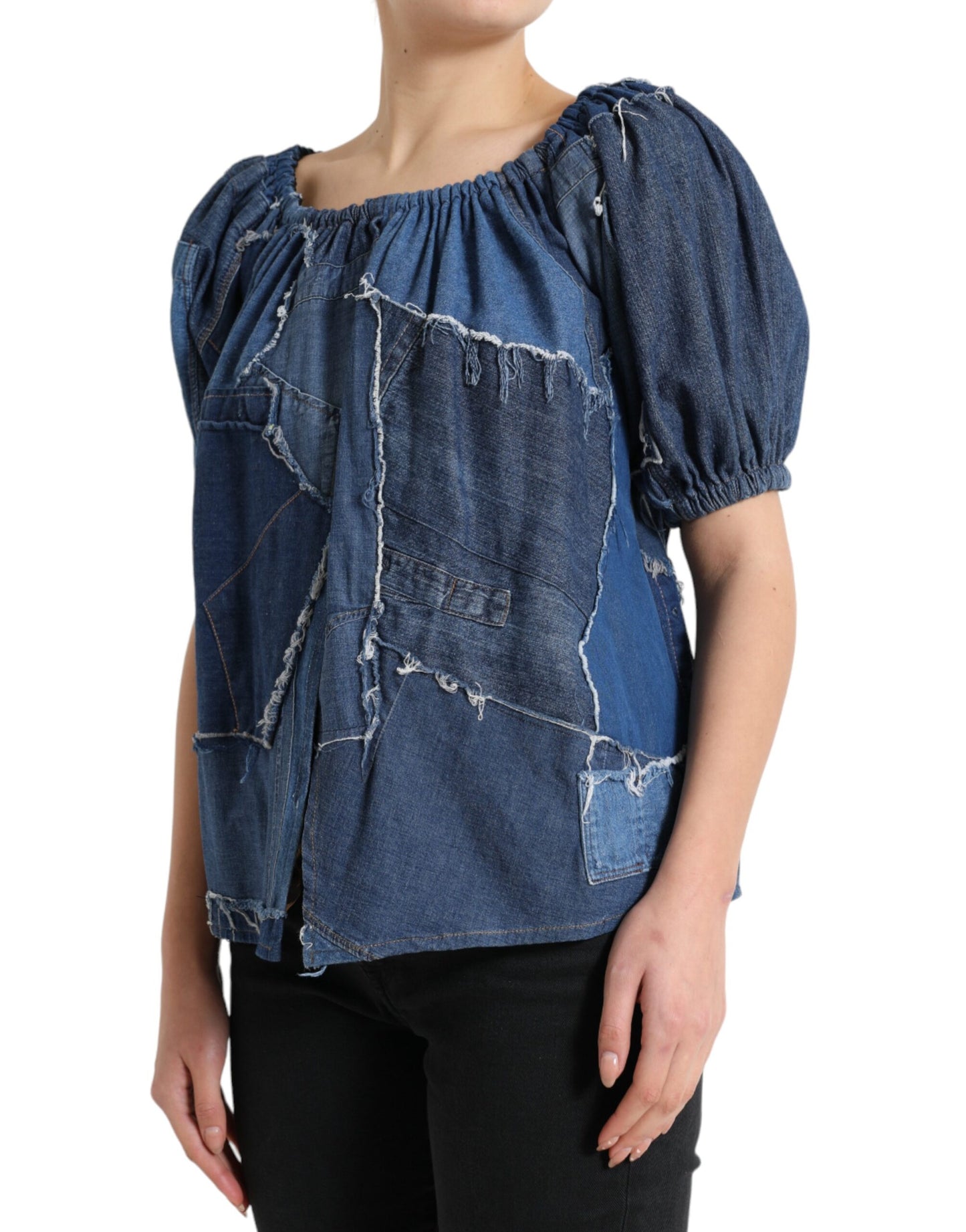 Dolce &amp; Gabbana Blue Patchwork Short Sleeves Denim Blouse Top