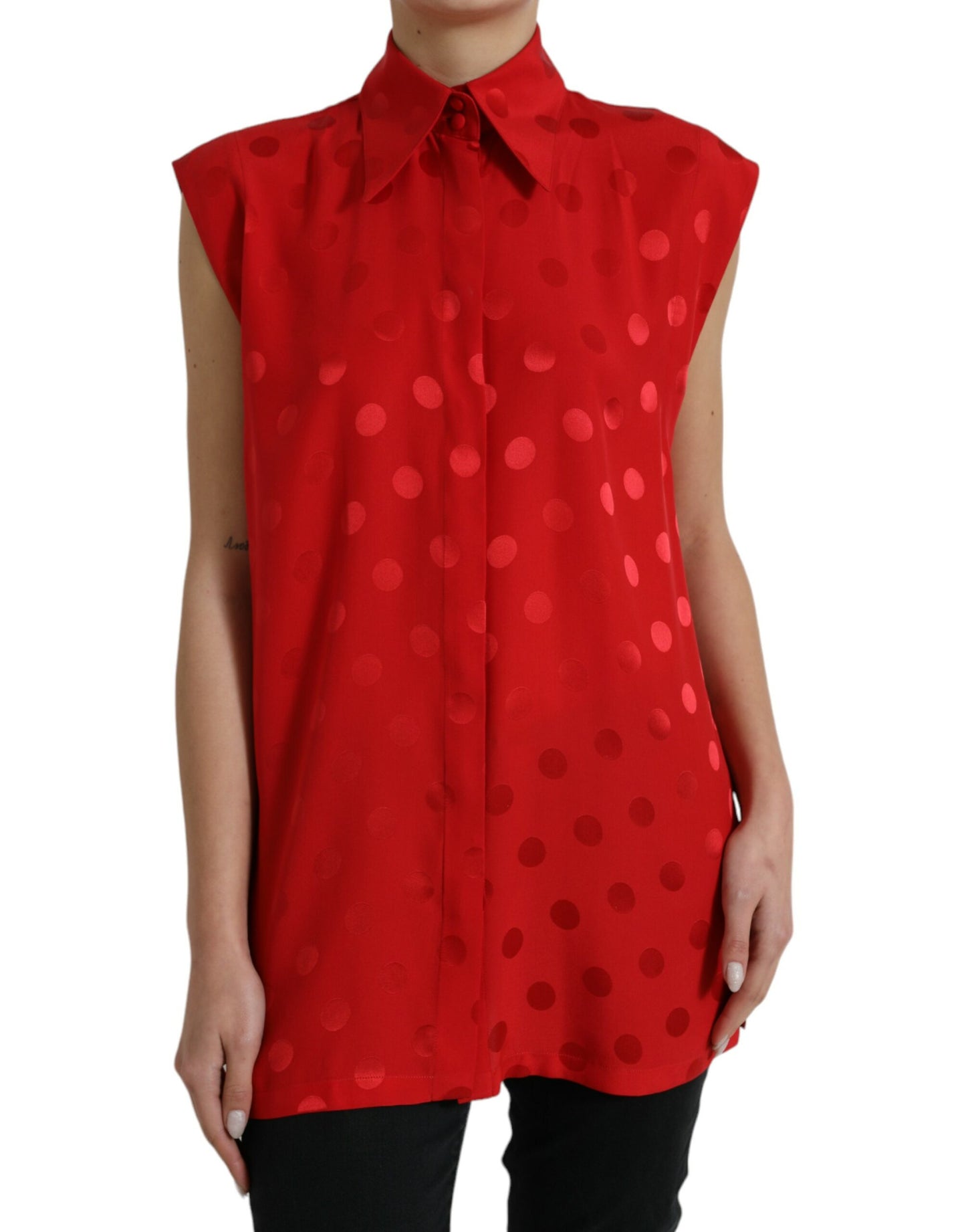 Dolce &amp; Gabbana Red Polka Dot Sleeveless Collared Blouse Top