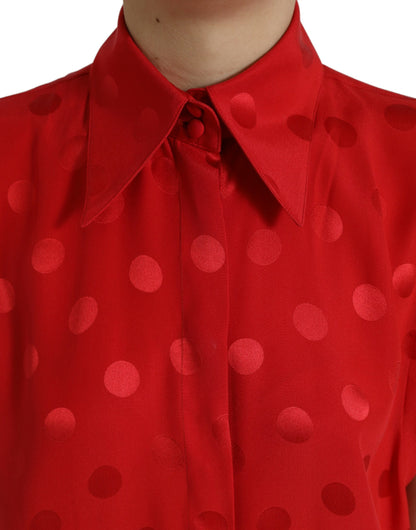 Dolce &amp; Gabbana Red Polka Dot Sleeveless Collared Blouse Top