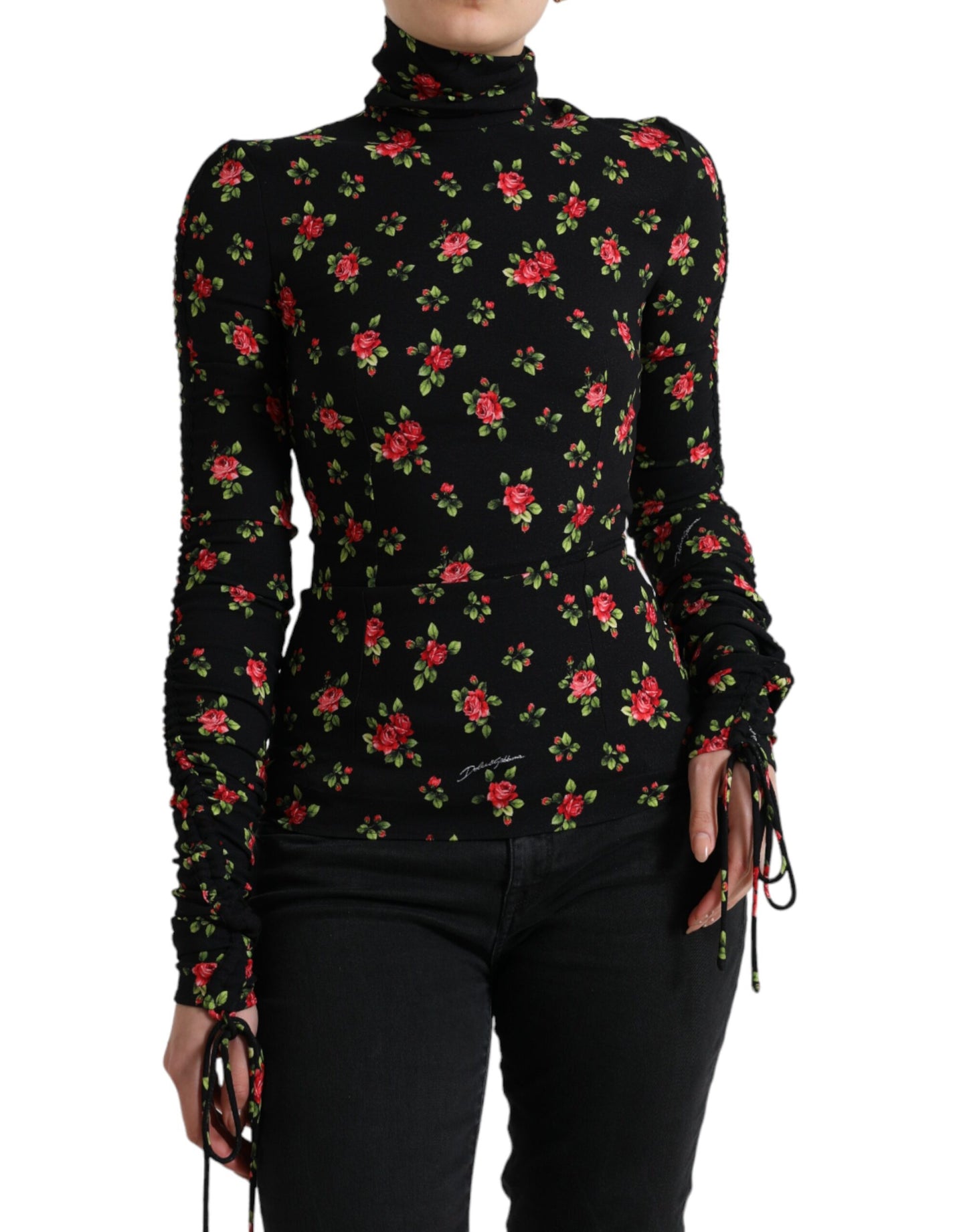 Dolce &amp; Gabbana Black Rose Print Turtle Neck Blouse Top