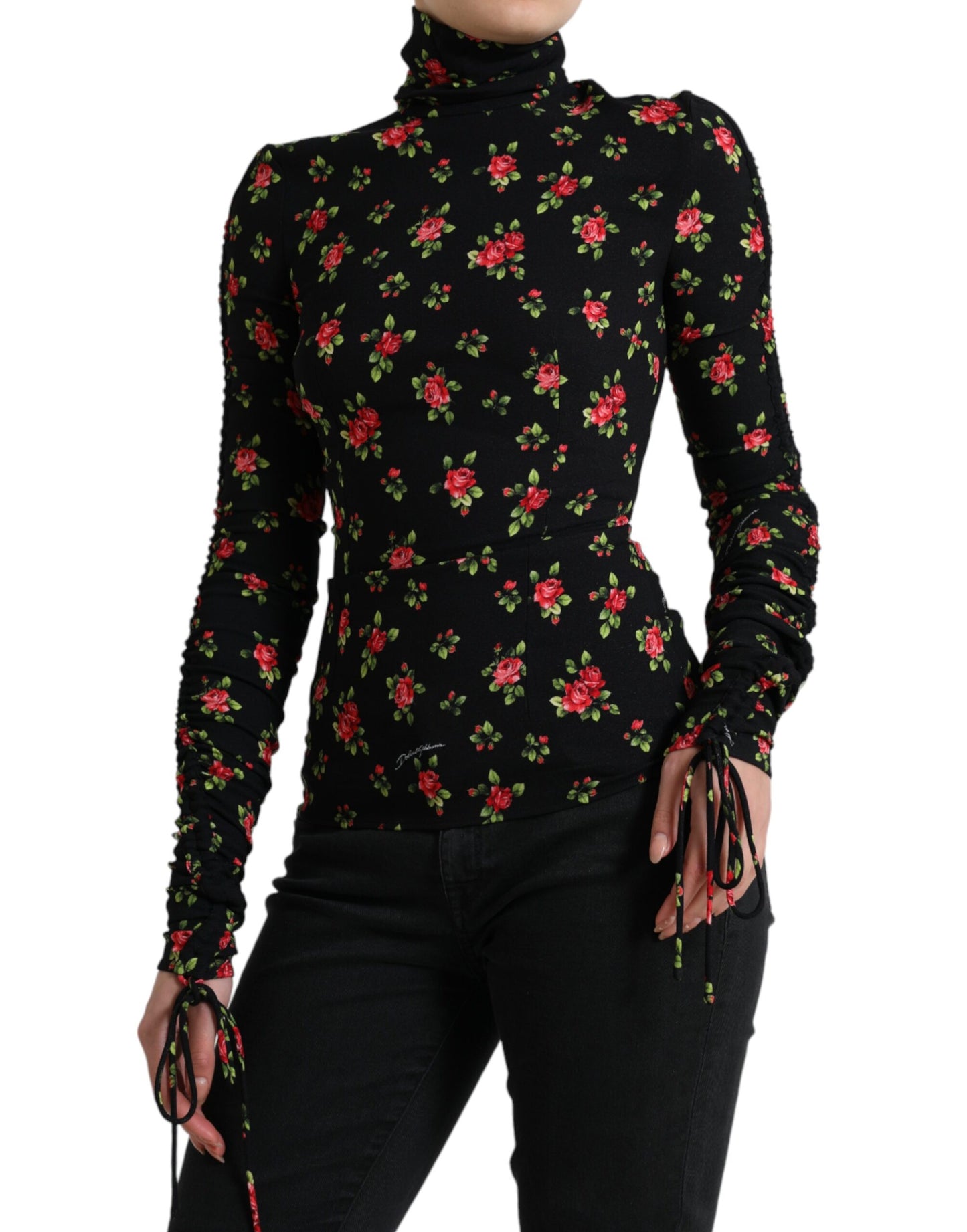 Dolce &amp; Gabbana Black Rose Print Turtle Neck Blouse Top