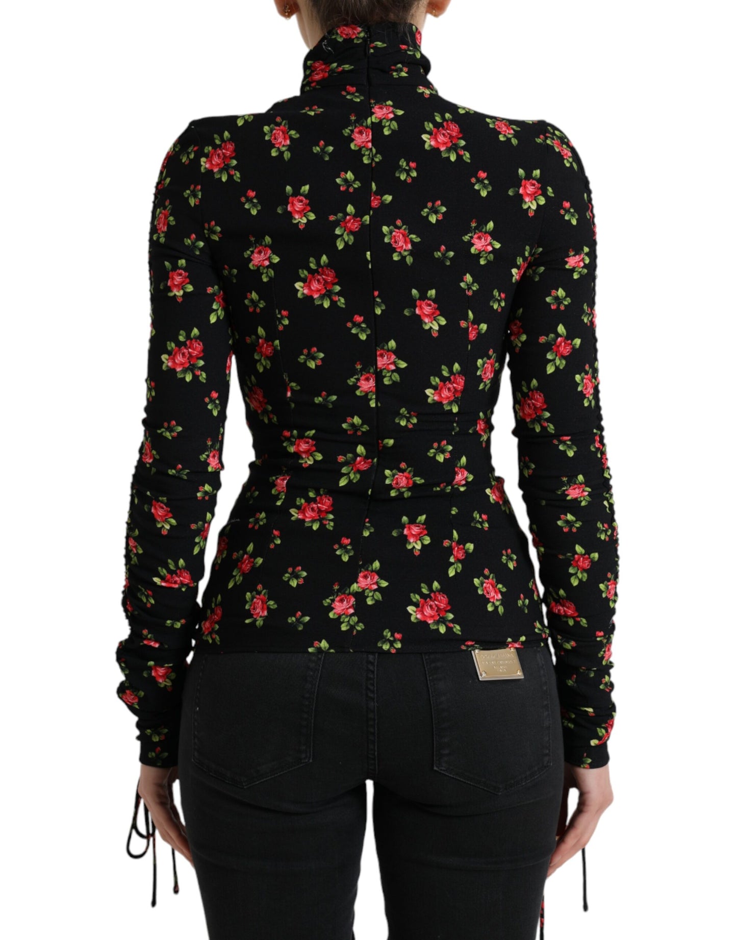 Dolce &amp; Gabbana Black Rose Print Turtle Neck Blouse Top