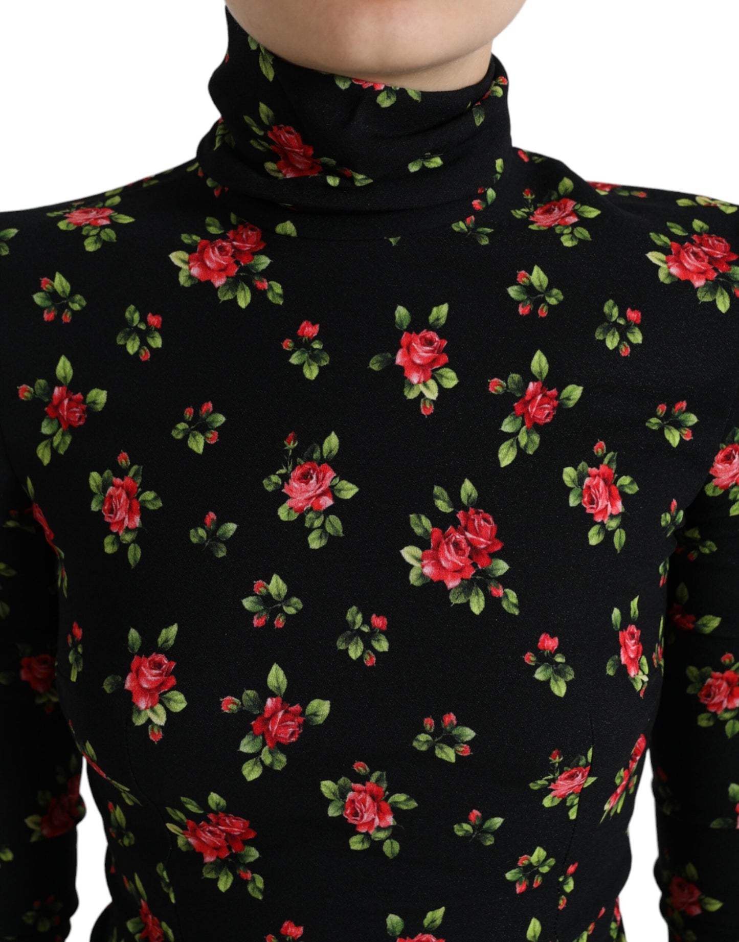 Dolce &amp; Gabbana Black Rose Print Turtle Neck Blouse Top