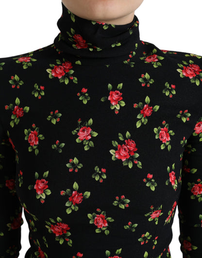 Dolce &amp; Gabbana Black Rose Print Turtle Neck Blouse Top