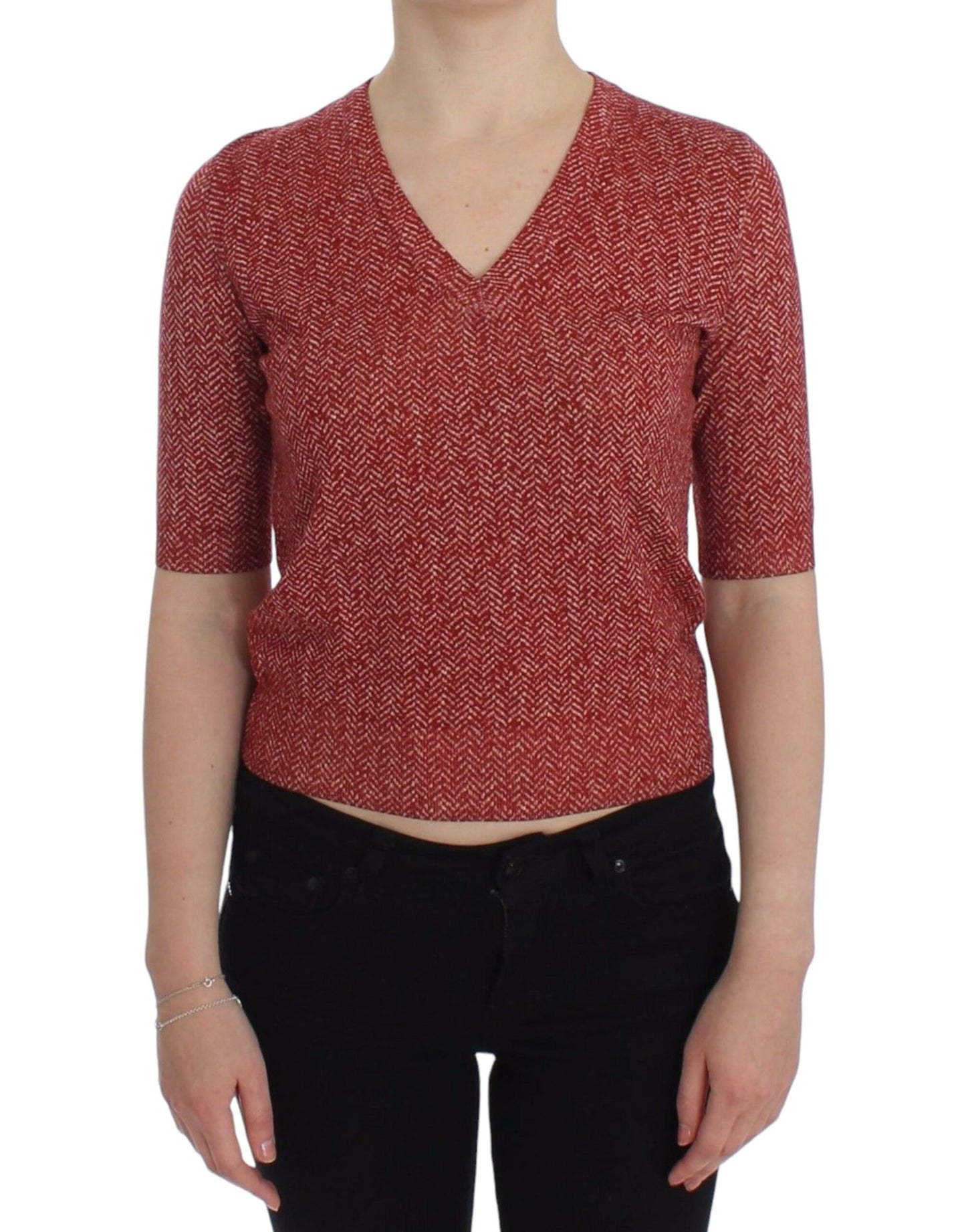 Dolce &amp; Gabbana Red Wool Tweed Short Sleeve Sweater Pullover