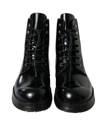 Dolce &amp; Gabbana Black Leather Lace Up Mid Calf Boots Shoes