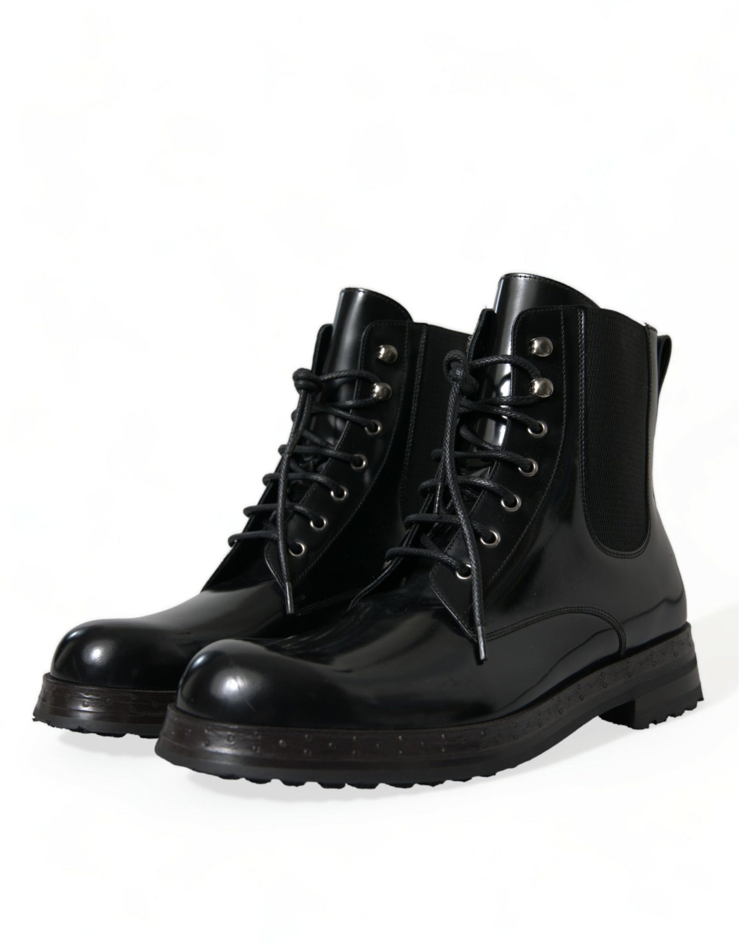 Dolce &amp; Gabbana Black Leather Lace Up Mid Calf Boots Shoes