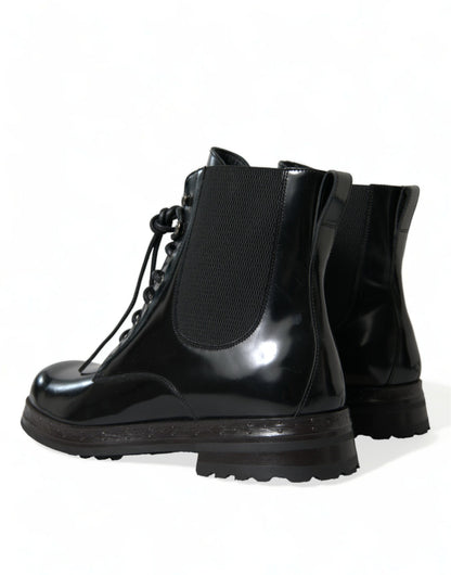 Dolce &amp; Gabbana Black Leather Lace Up Mid Calf Boots Shoes