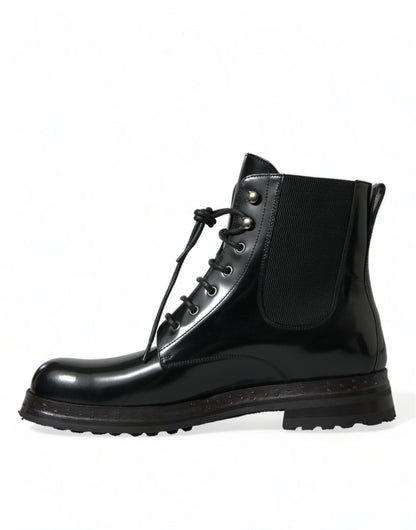 Dolce &amp; Gabbana Black Leather Lace Up Mid Calf Boots Shoes