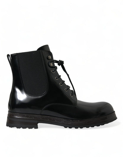 Dolce &amp; Gabbana Black Leather Lace Up Mid Calf Boots Shoes