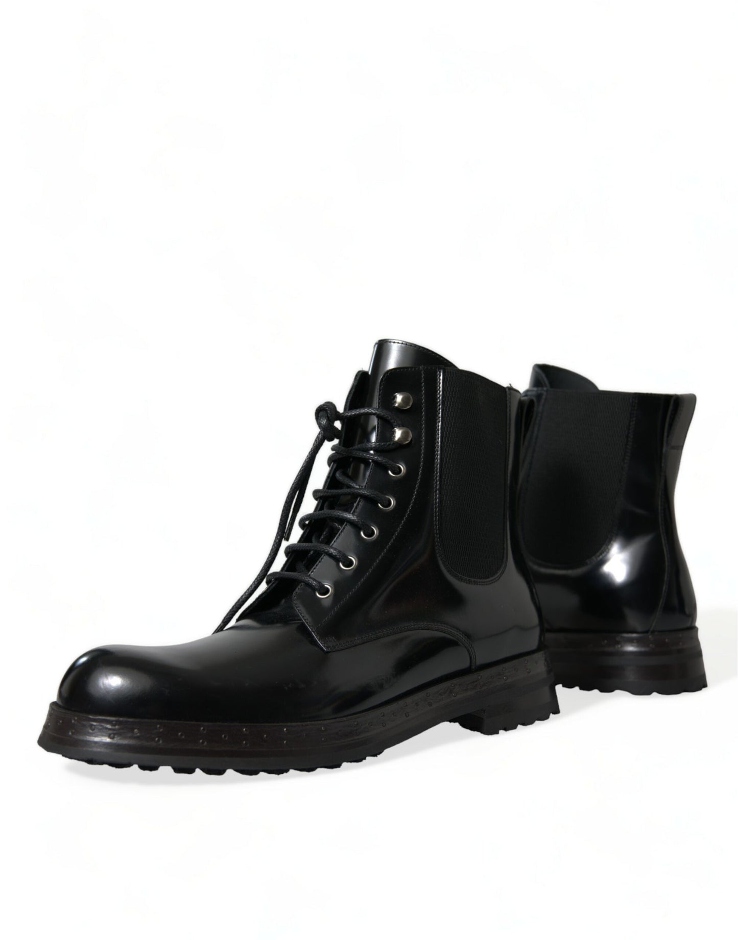 Dolce &amp; Gabbana Black Leather Lace Up Mid Calf Boots Shoes