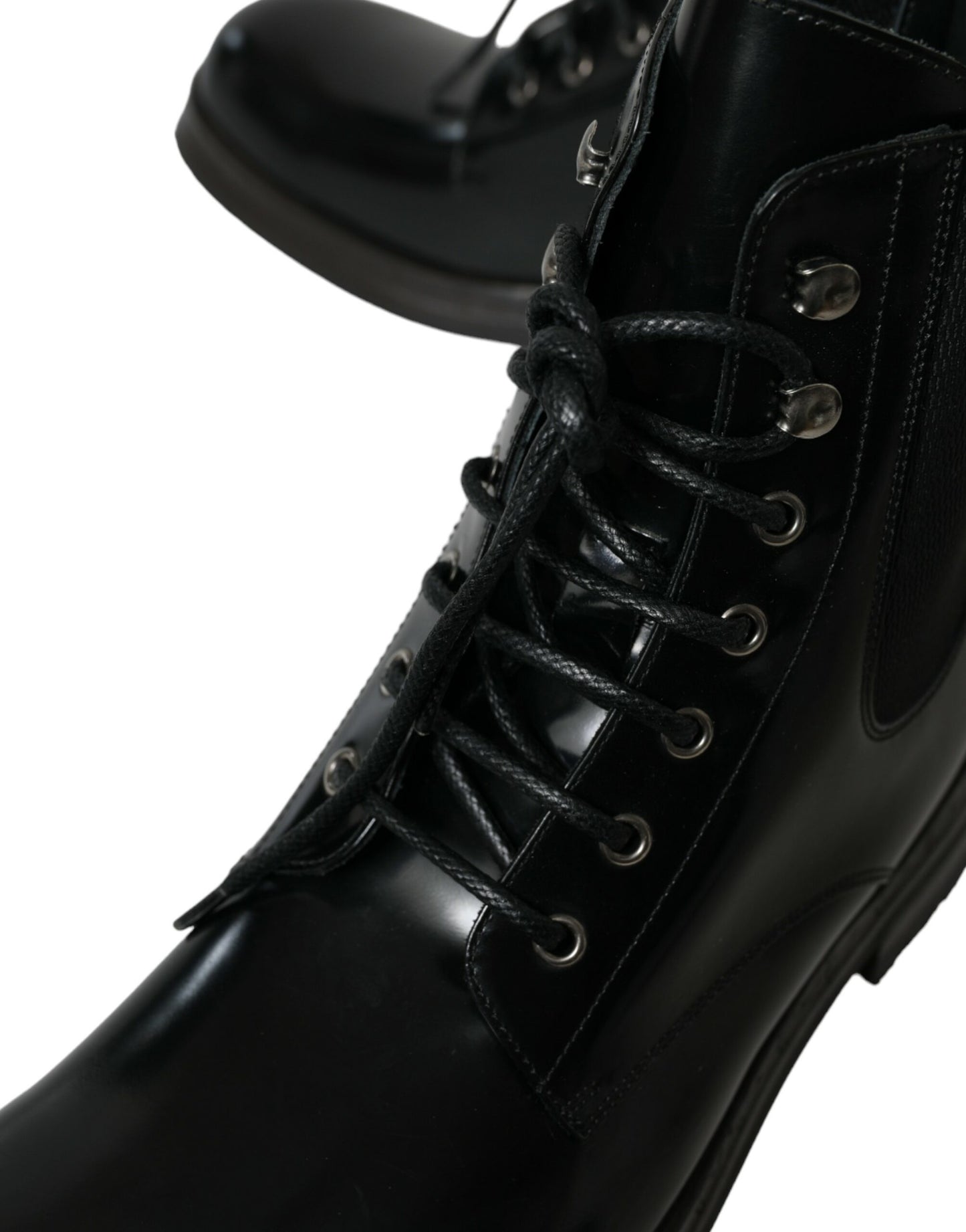 Dolce &amp; Gabbana Black Leather Lace Up Mid Calf Boots Shoes