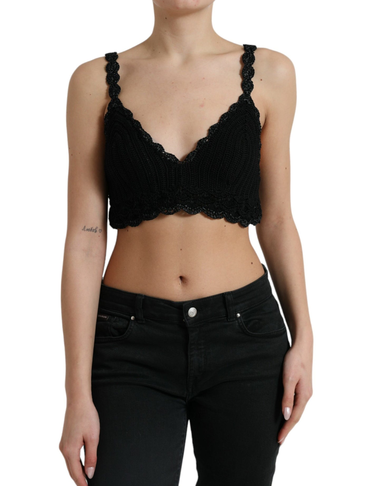 Dolce &amp; Gabbana Black Cotton Bustier Cropped Crochet Tank Top