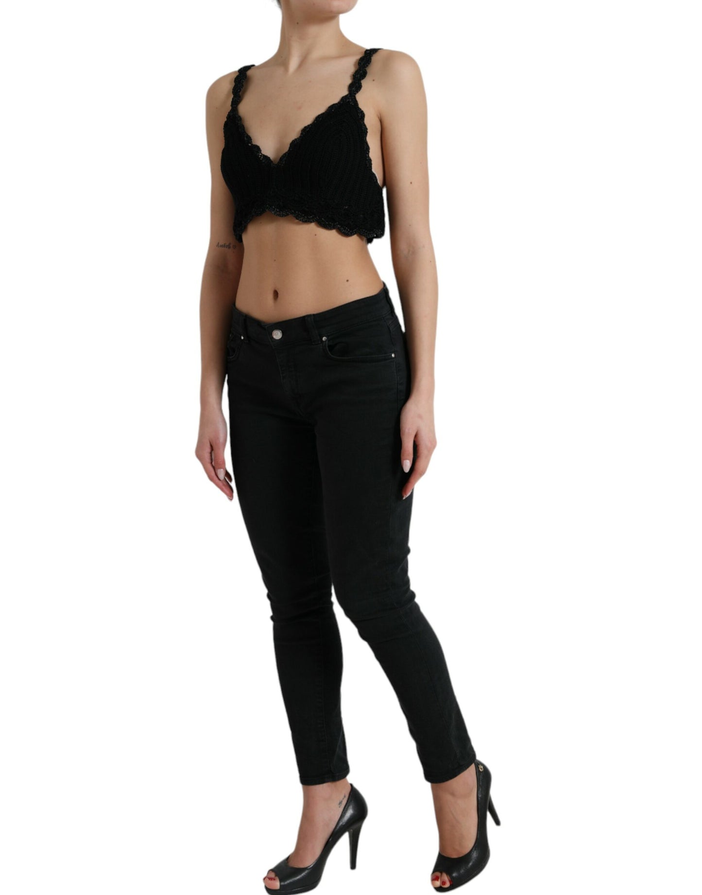 Dolce &amp; Gabbana Black Cotton Bustier Cropped Crochet Tank Top