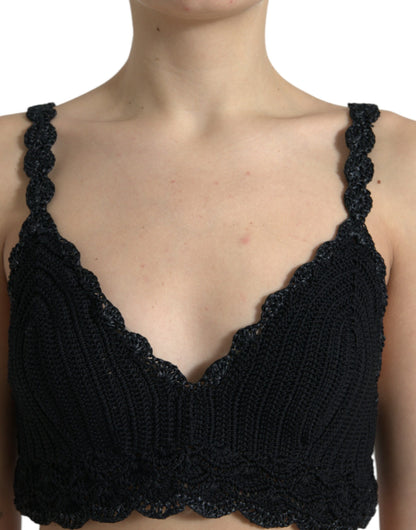 Dolce &amp; Gabbana Black Cotton Bustier Cropped Crochet Tank Top