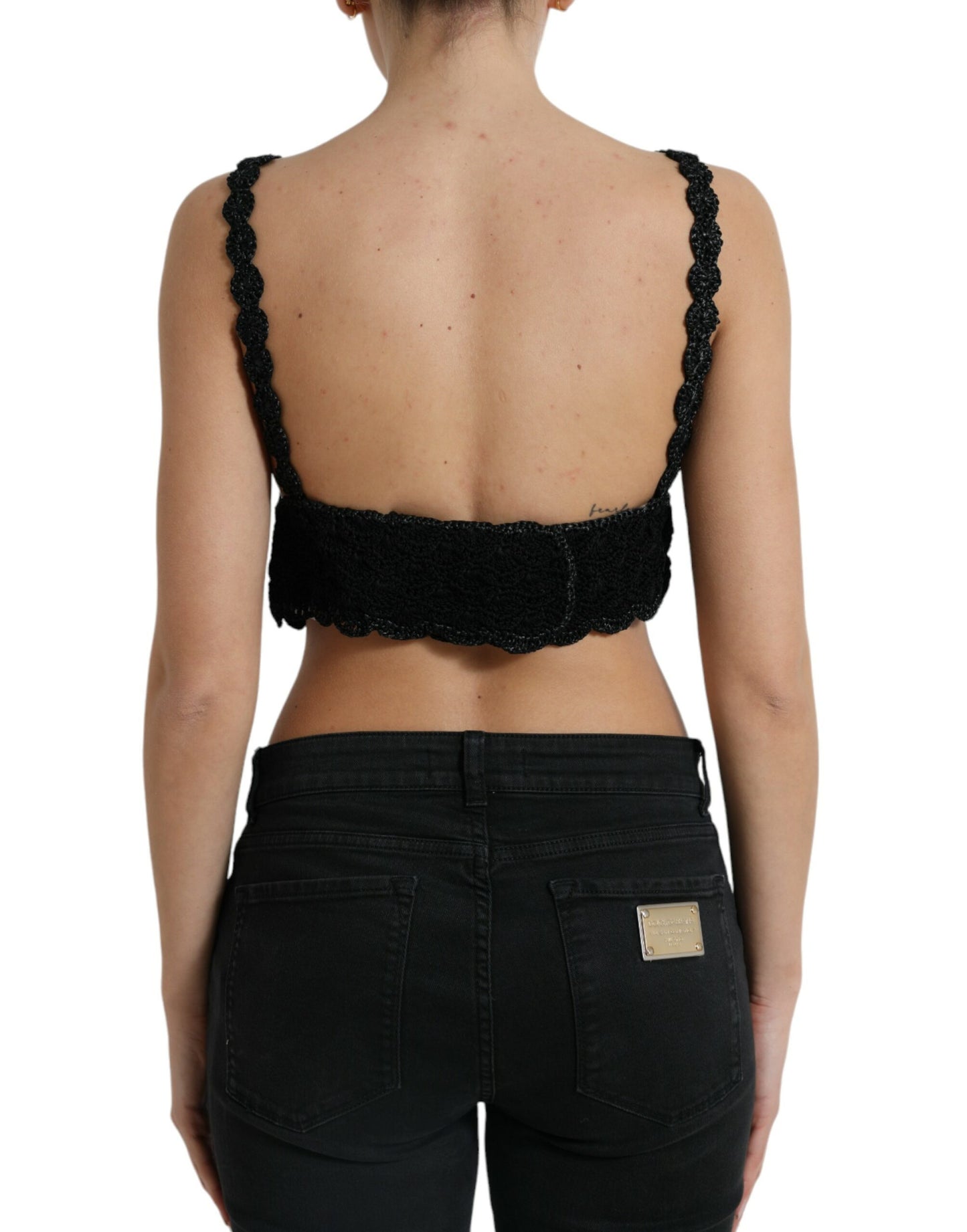 Dolce &amp; Gabbana Black Cotton Bustier Cropped Crochet Tank Top