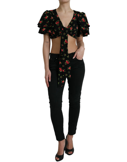 Dolce &amp; Gabbana Black Floral Print Short Sleeves Cropped Top