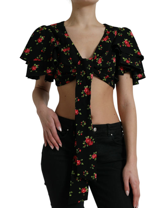 Dolce &amp; Gabbana Black Floral Print Short Sleeves Cropped Top