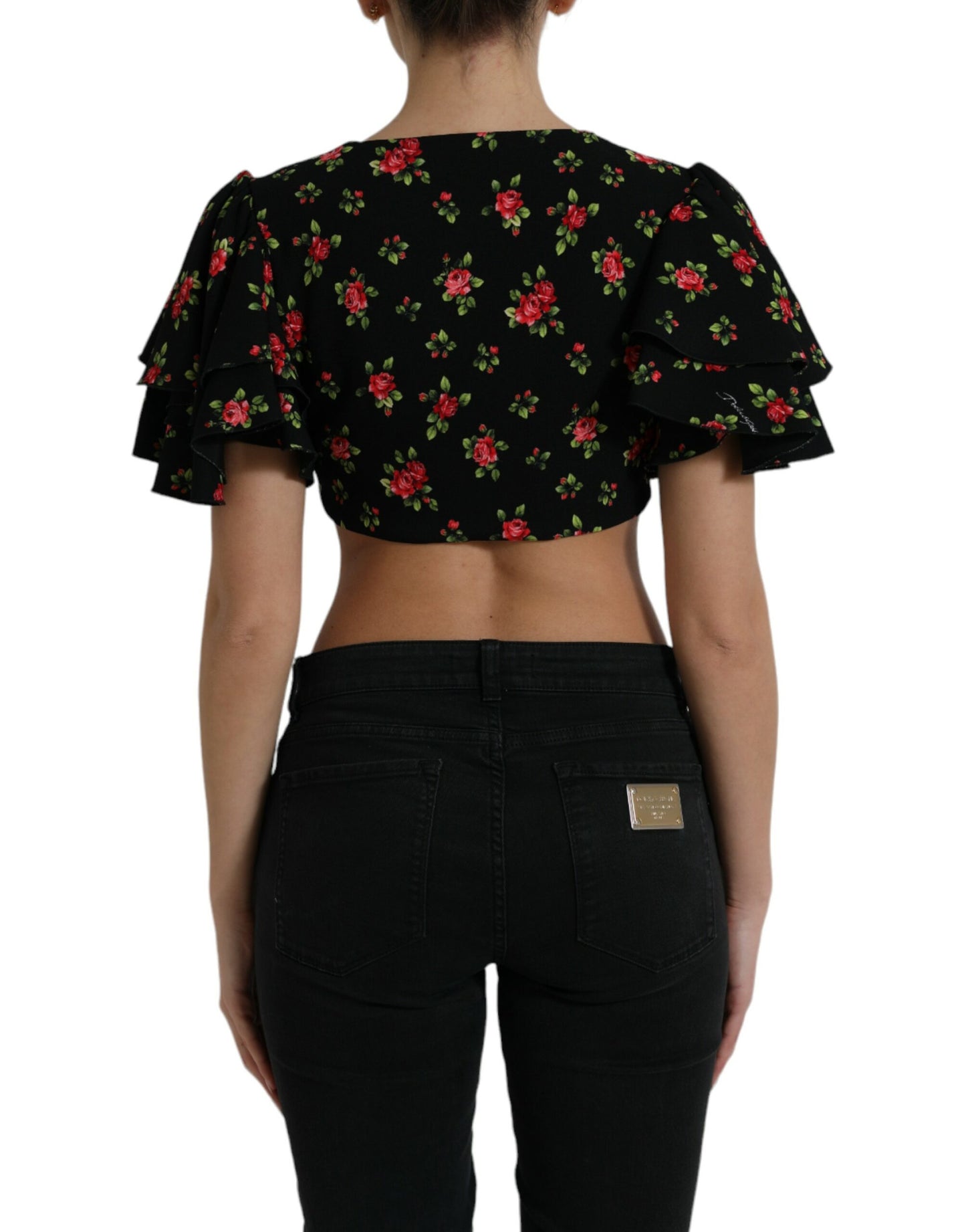 Dolce &amp; Gabbana Black Floral Print Short Sleeves Cropped Top