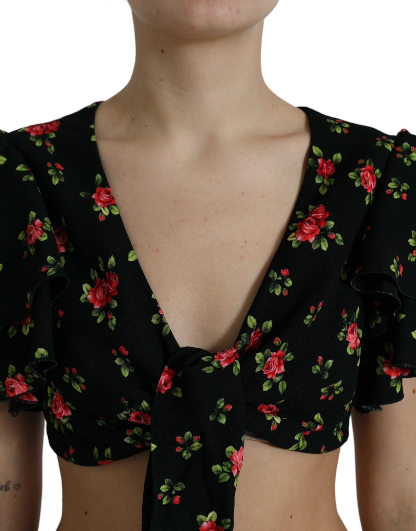 Dolce &amp; Gabbana Black Floral Print Short Sleeves Cropped Top