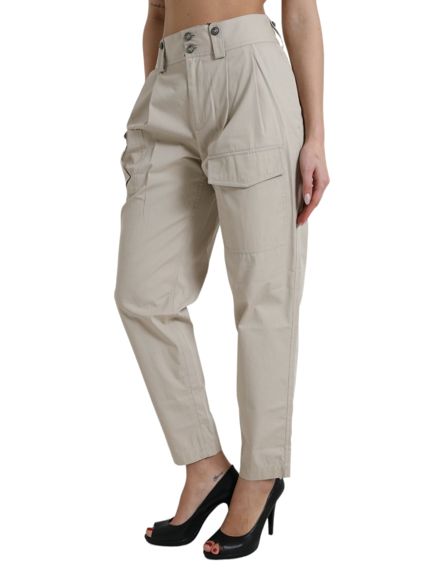 Dolce &amp; Gabbana Beige Cotton High Waist Tapered Pants