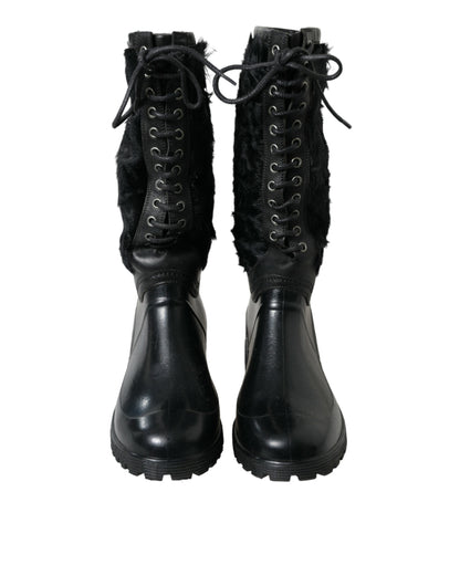 Dolce &amp; Gabbana Black Rubber Lace Up Shearling Rain Boots Shoes