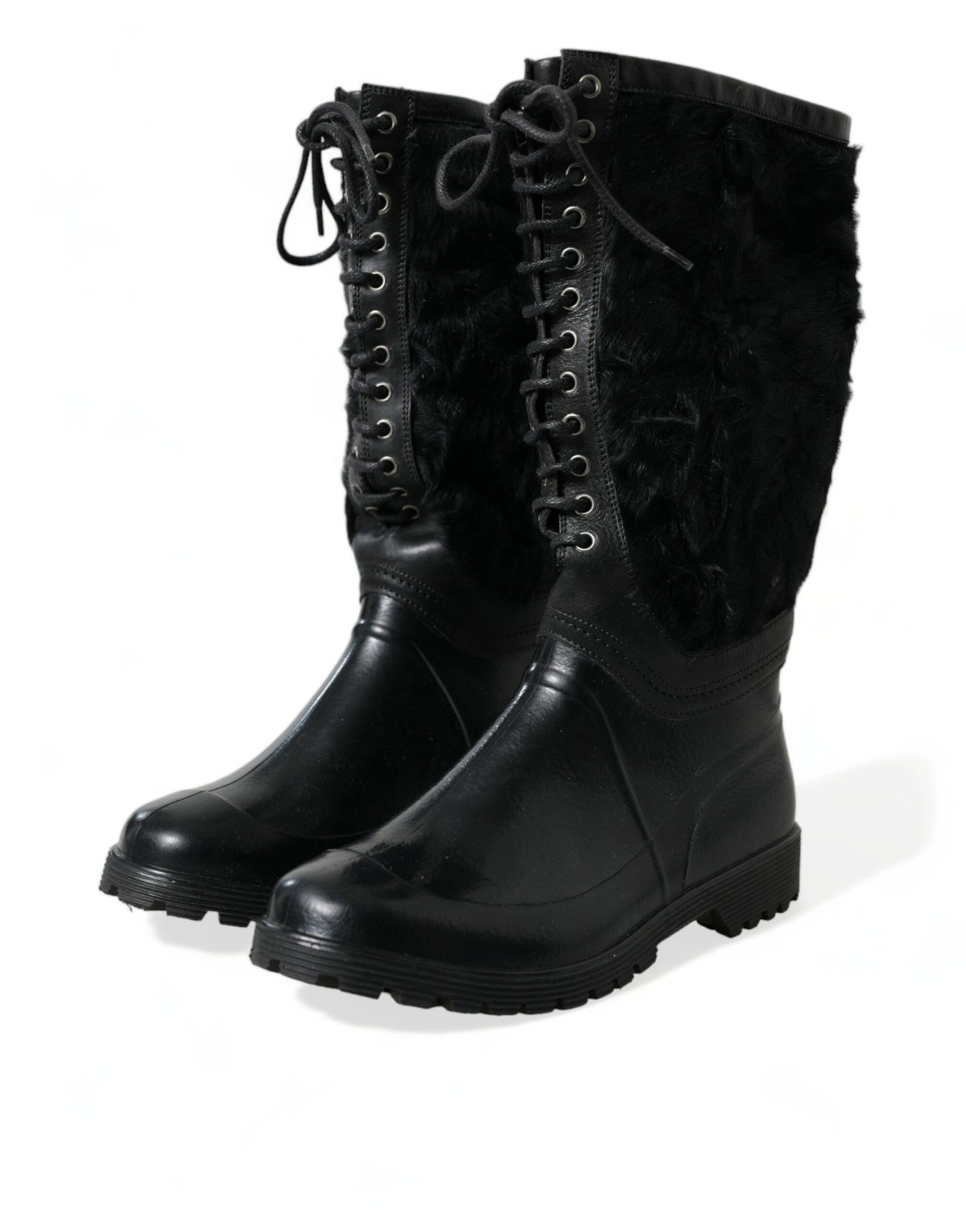 Dolce &amp; Gabbana Black Rubber Lace Up Shearling Rain Boots Shoes