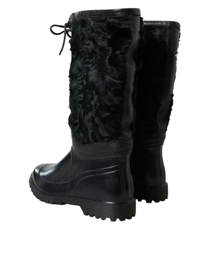 Dolce &amp; Gabbana Black Rubber Lace Up Shearling Rain Boots Shoes