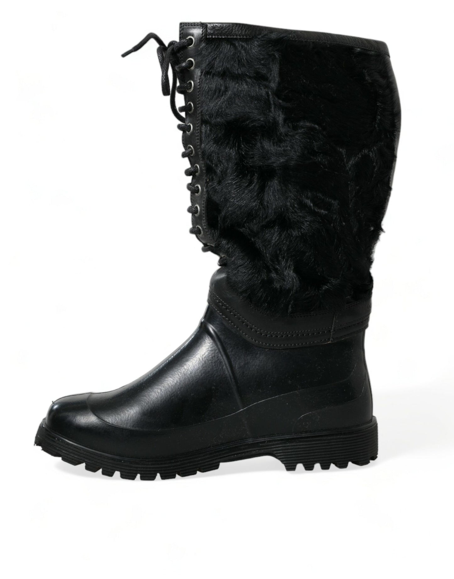 Dolce &amp; Gabbana Black Rubber Lace Up Shearling Rain Boots Shoes