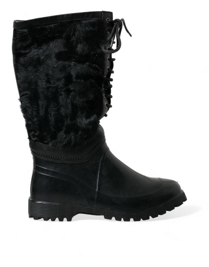 Dolce &amp; Gabbana Black Rubber Lace Up Shearling Rain Boots Shoes