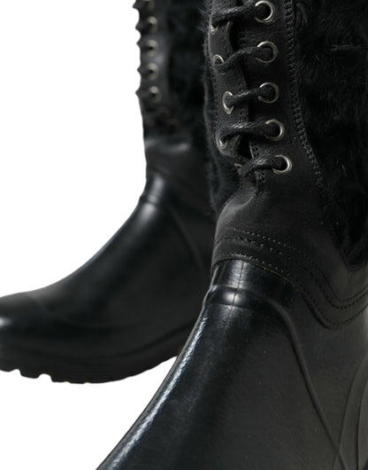 Dolce &amp; Gabbana Black Rubber Lace Up Shearling Rain Boots Shoes