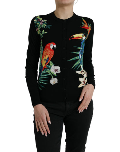 Dolce &amp; Gabbana Black Bird Wool Long Sleeve Cardigan Sweater