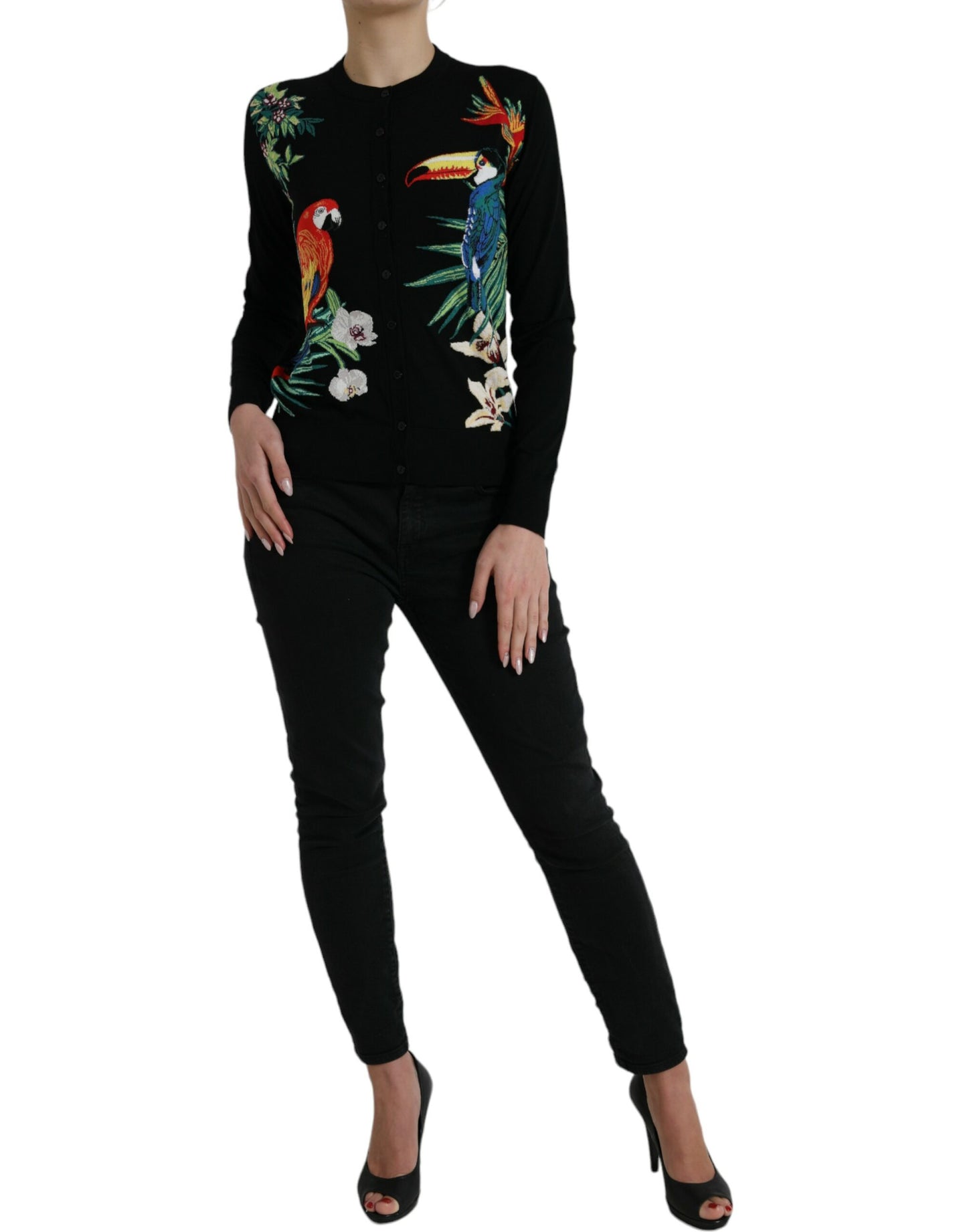 Dolce &amp; Gabbana Black Bird Wool Long Sleeve Cardigan Sweater