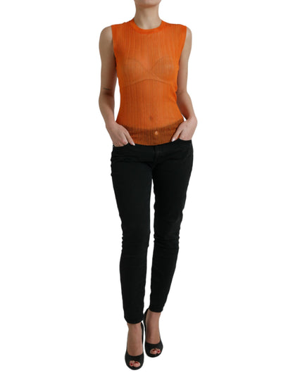 Dolce &amp; Gabbana Orange See Through Crew Neck Blouse Tank Top