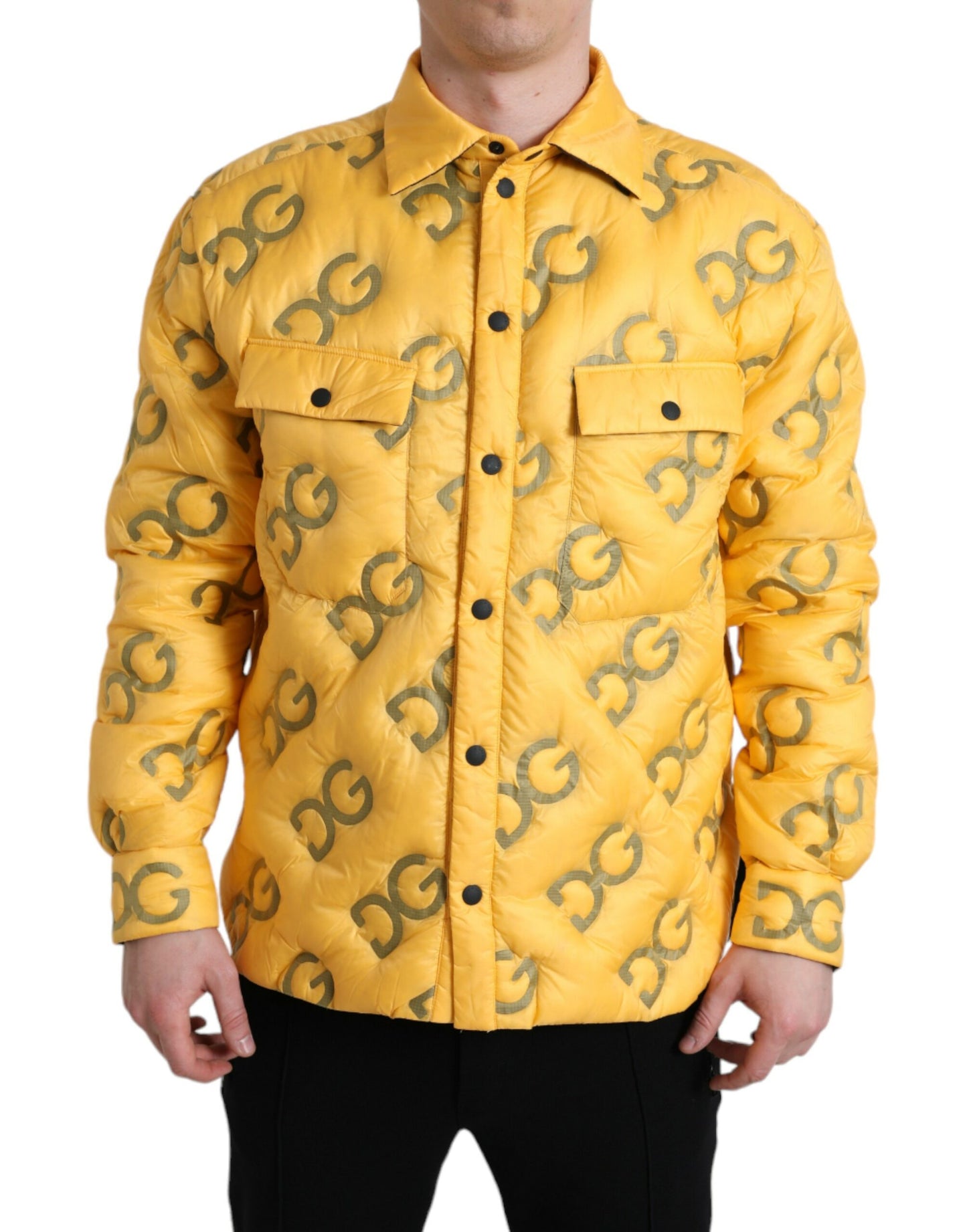 Dolce &amp; Gabbana Yellow Logo Padded Buttoned Blouson Jacket