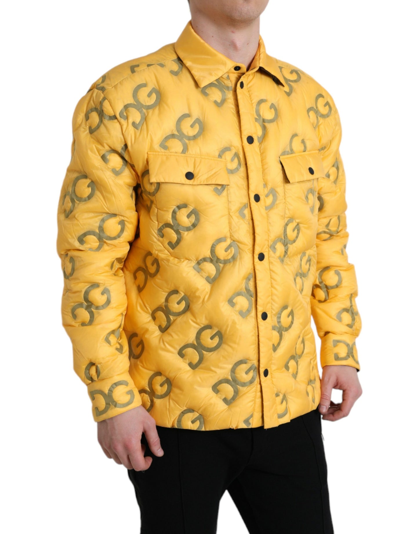 Dolce &amp; Gabbana Yellow Logo Padded Buttoned Blouson Jacket