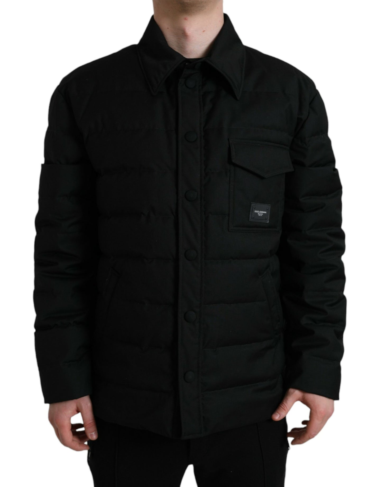 Dolce &amp; Gabbana Black Polyester Collared Padded Logo Jacket