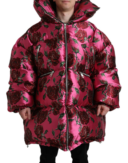 Dolce &amp; Gabbana Pink Roses Pattern Hooded Padded Zip Jacket