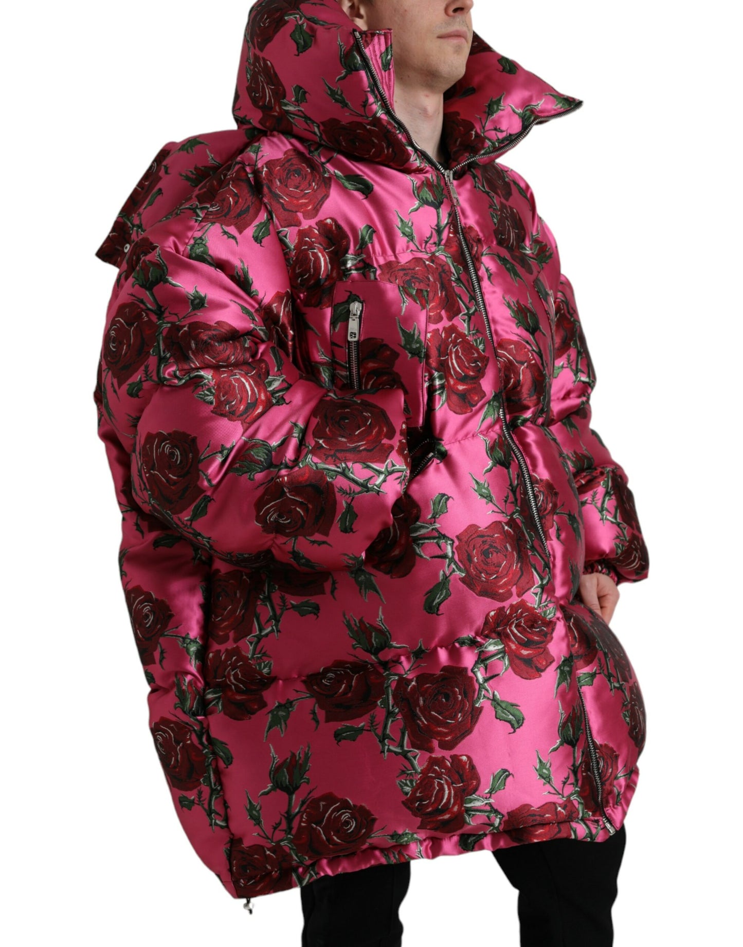 Dolce &amp; Gabbana Pink Roses Pattern Hooded Padded Zip Jacket