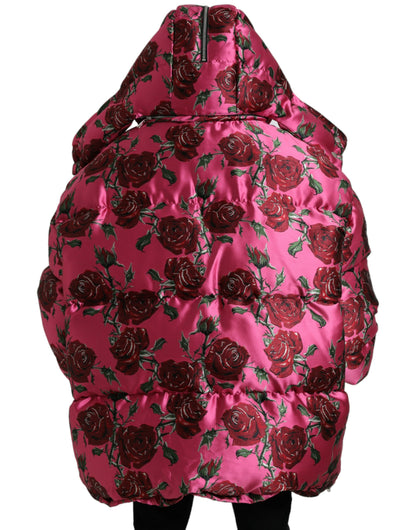 Dolce &amp; Gabbana Pink Roses Pattern Hooded Padded Zip Jacket