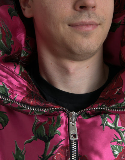 Dolce &amp; Gabbana Pink Roses Pattern Hooded Padded Zip Jacket