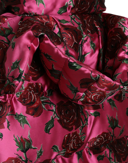 Dolce &amp; Gabbana Pink Roses Pattern Hooded Padded Zip Jacket