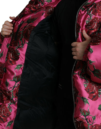 Dolce &amp; Gabbana Pink Roses Pattern Hooded Padded Zip Jacket