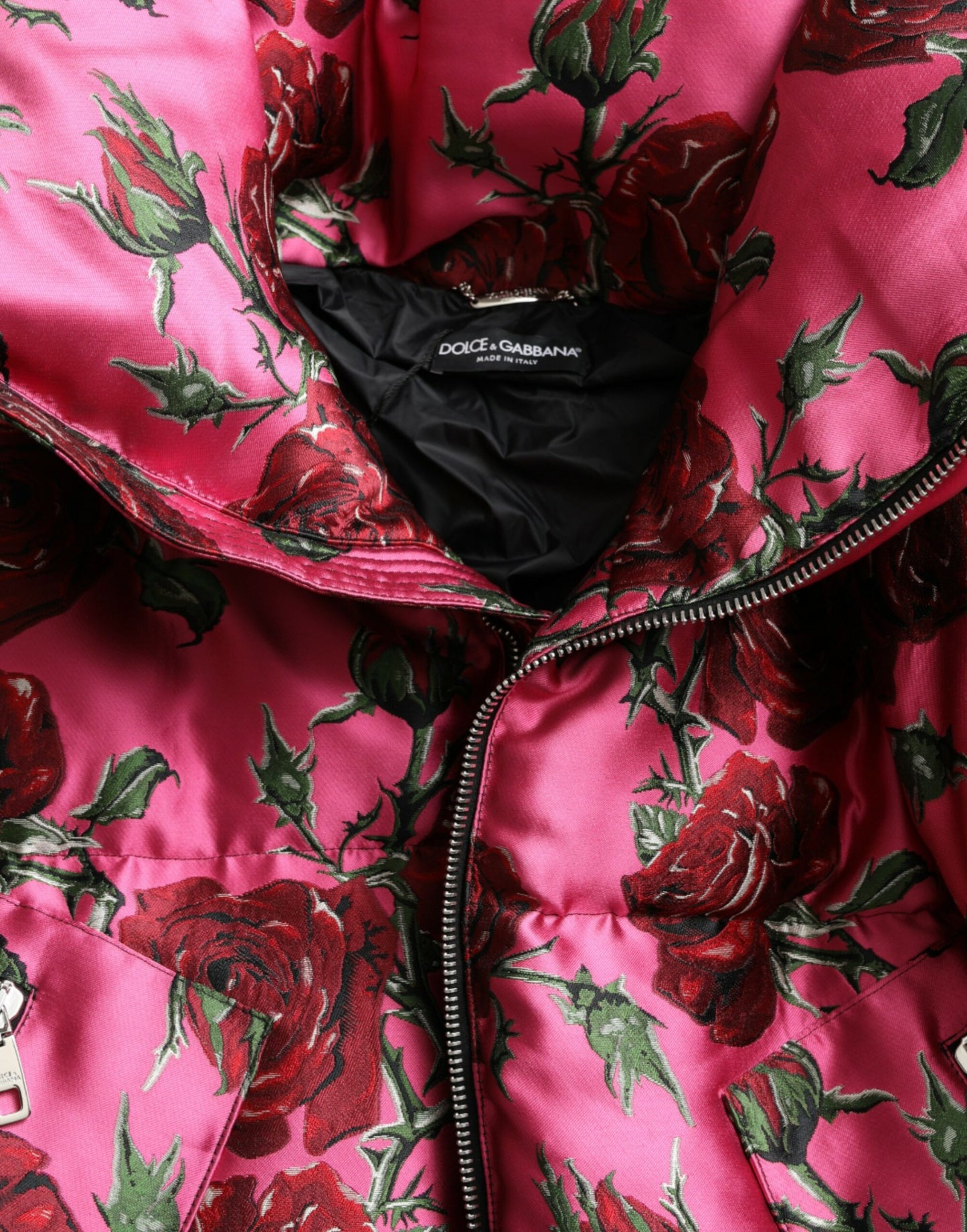 Dolce &amp; Gabbana Pink Roses Pattern Hooded Padded Zip Jacket