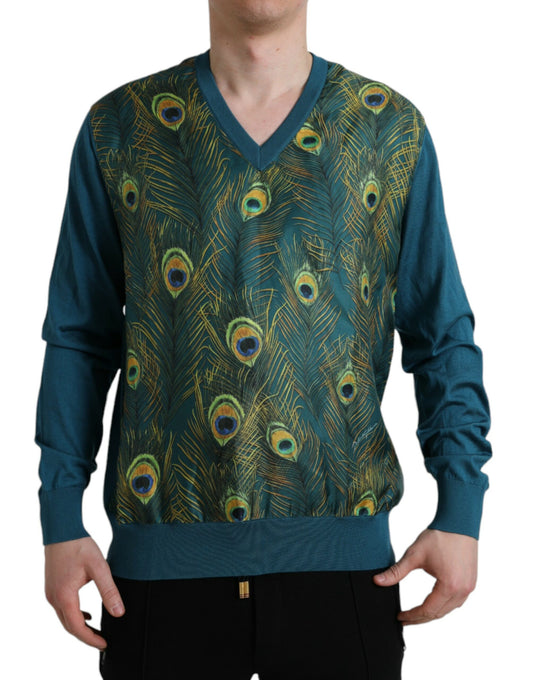 Dolce &amp; Gabbana Green Peacock Feather Pullover Sweater